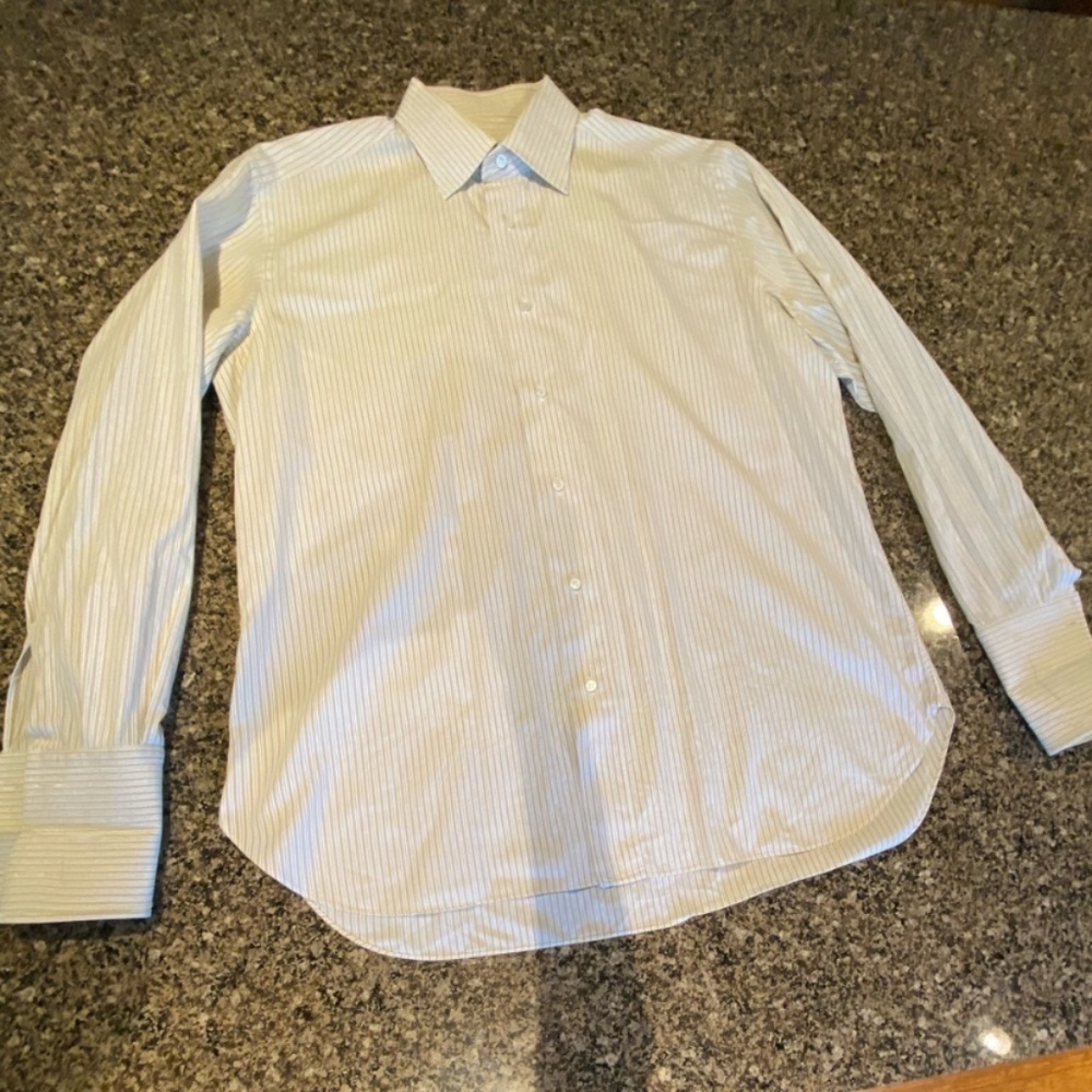 Brioni Men Dress Shirt White/Blue/Tan Pinstripe.Point Collar.French Cuff.43/17